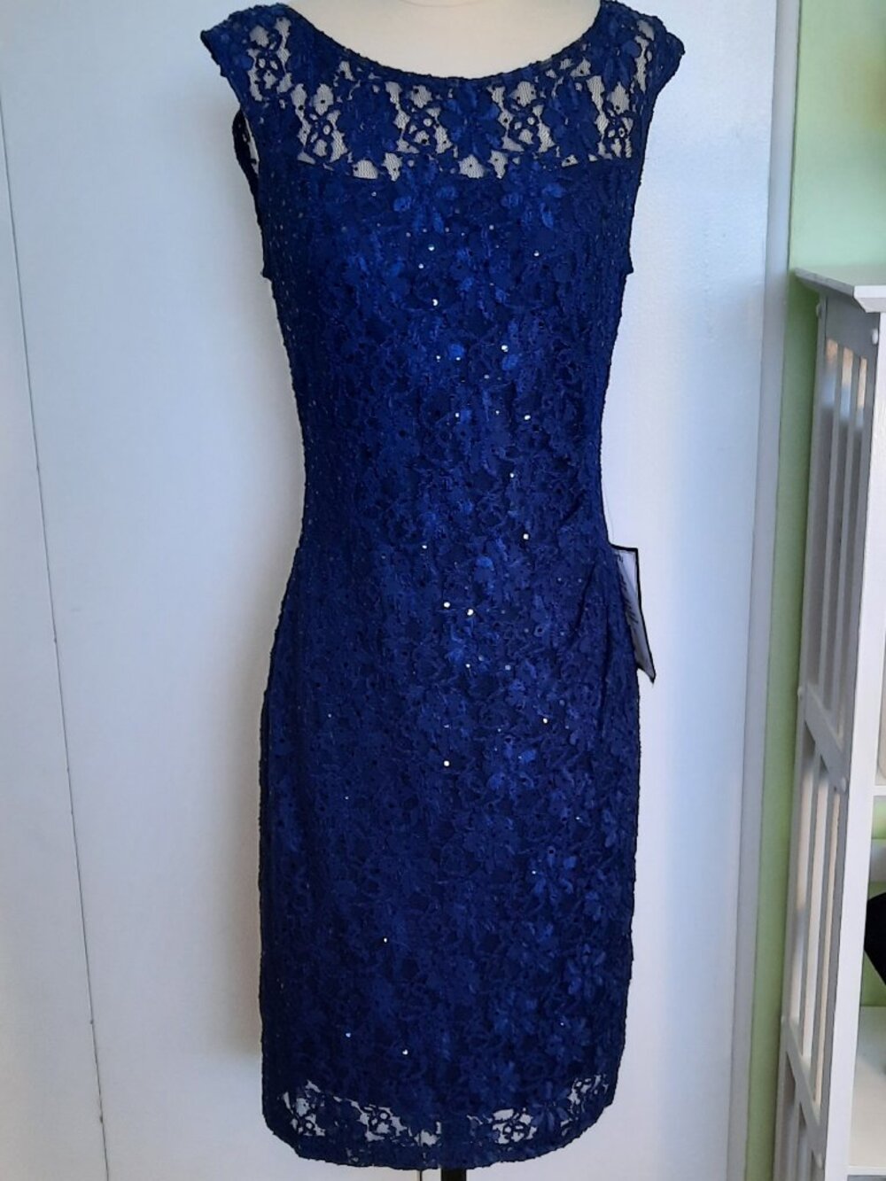 NWT Connected Apparel Deep Blue Lace & Sequin Midi Dress Size